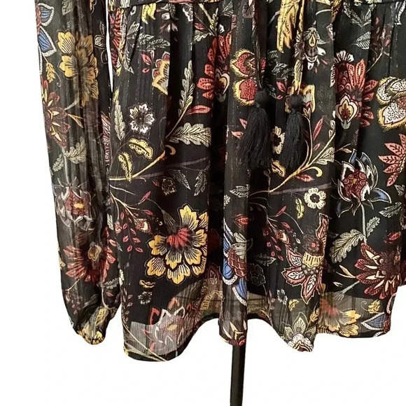 Frye & Co Floral Metallic Chiffon Boho Blouse Split Tie Neck NWT XS - Picture 3 of 13